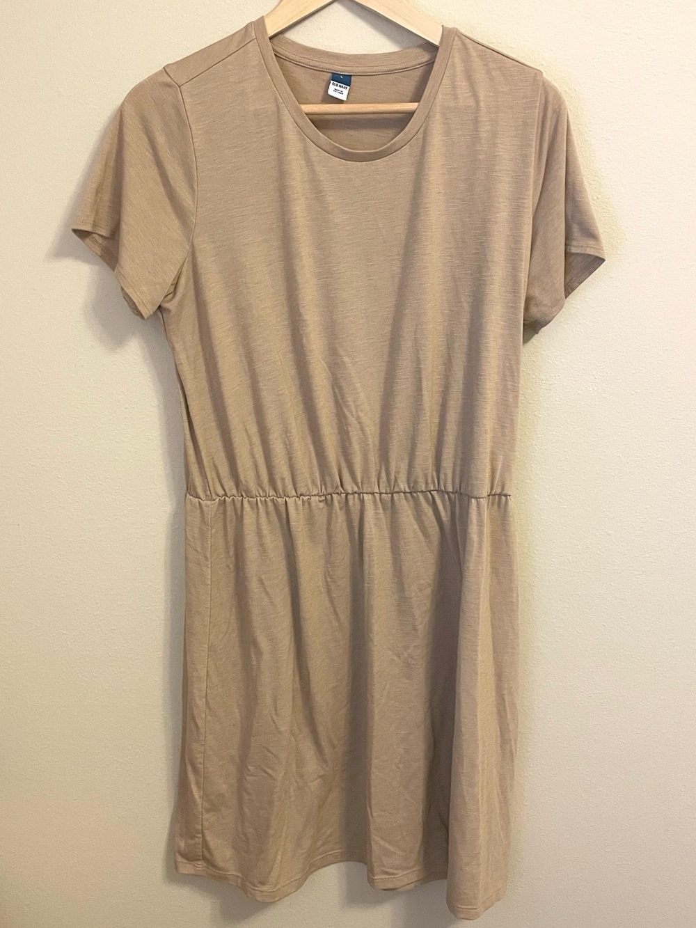 Old Navy - Tan Beige Short-Sleeve Midi Dress - Casual Cinched Waist - Size L